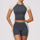 Summer New Yoga Sets Women Breathable Contrasting Color Short Sleeve Slim Sports T Shirts Training Running Shorts Fitness Suit