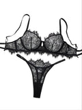 Black Lace Bra Brief Sets for Women Sexy Romantic Transparent Underwear with Flowers See through Erotic Lingerie