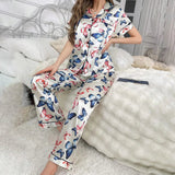 Satin Pajamas for Women Home Clothes Sleepwear Pj Set Autumn Short Sleeve Button Up Top with Lapel Collar & Pants Pyjama Femme