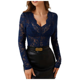 Women V Neck Floral Lace Long Sleeve T Shirt See Through Slim Fit Tees Y2k Gothic Club Party Streetwear Ladies Sheer Basic Tops