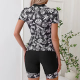 2026 Summer New Women Two-Piece Surfing Suit,fashion Leaf Print Conservative Tankini,Short-sleeve Zipper Swimsuit,beach Swimwear
