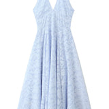 French Style Blue Jacquard Dress With French Vibe V-neck Backless Holiday Halter-neck Dress Niche Long Dress Pure Desire U633