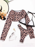 Leopard Printed Long Sleeve Beach Cover-up Bikini Women Swimwear Female Swimsuit Three-pieces Bikini Set Micro Bathing Suit Swim