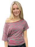 Women Elegant Summer Off One Shoulder Tops Striped Short Sleeve Loose Fit Basic T Shirts for Daily Wear