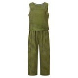 Women’s 2 Piece Summer Pant Outfits Sleeveless Plaid/Stripes Print Tank Tops + Pants Set Casual Streetwear