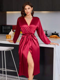 Women's Elegant Long Sleeve Robe V Neck Casual and comfortable bathrobe Solid Luxury Sleepwear For Home Relaxation