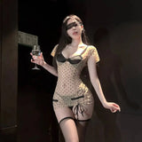 Women's Polka Dot Flirtatious Sexy Pure And Sensual Alluring And Sexy Dress Transparent Backless Deep V Sleeveless Dress 08RK