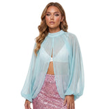 Women's Spring Summer Solid Color Sheer Blouse Glitter Long Sleeve Mock Neck Open Front Tops Streetwear