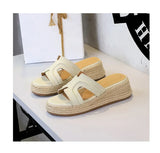 Spring 2025 Women's Slippers Hollow Out Strap Waterproof Thick Heel Woven Rope Country Style Slip-On Shoes Polyurethane Material