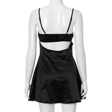 Women Summer Mini Dress Spaghetti Strap Lace Trim Corset Backless Satin Dress Retro Sexy Elegant Club Dresses Female