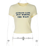 Woman Clothing Letter Print Short T-shirts Y2K Streetwear 2026 Summer O-neck Slim Fit Crop Tops Vacation Beach Tees Light Yellow