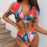 2026 Sexy Bikini Set Women 3-piece Print High Waist Swimwear Swimsuit Bikinis Set Bathing Suit Short Sleeve Cover Up Beach Mujer