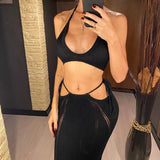 2PCS Set Sexy With Top Halter Crochet Knitted Dress Tunic Beach Cover Up Cover-ups Beach Dress Beachwear Female Women V4885W