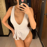 Sexy Wrap Around Bandage Women Swimwear One Piece Swimsuit Female Bather Deep V Neck Bathing Suit Swim Backless Monokini V1639C
