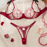 Valentine's Day romantic wine-red embroidered lingerie set - sexy see-through mesh gathered bra set of two pieces ZA825287