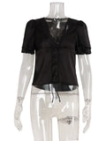 Ahagaga Causal Women Tops Solid Lace -Neck Short Sleeves Satin Slim Button Regular Eelgant Streetwear Tees Female Basic T Shirts