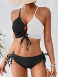 2026 Drawstring Triangle Bikini Women Sexy Color Block Swimwear Female Strappy Swimsuit Bathers Bathing Swimming Swim Suit