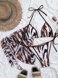 Sexy Coffee Tie Dye Bikini Set 2026 Women Metal Chain Push Up Thong Swimwear Bathing Suit Holiday Cover Up 3 Piece Swimsuit