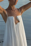 Women's White Spaghetti Strap Long Dress Fashion Solid Color Vacation Style Irregular Neck Backless Dresses Sexy Beach Vestidos