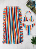 3 Pieces Striped Triangle Bikini Set Swimsuit & Ruffle Pants Swimwear Women 2026 Bathing Suit Female Swimming Summer Beachwear