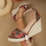 EUR Size 45 Leisure Espadrille Wedge Sandals Women Cherry Summer High Heels Shoes Beach Vacation Platform Ankle Strap Sandals