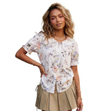 Women Doll Collar Loose Floral/Solid Tops Short Sleeve Button-down Shirts Casual Summer Streetwear