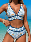 S - XL Sexy V Neck Printed High Waist Bikini Female Swimsuit Women Swimwear Two-pieces Bikini Set Bather Bathing Suit Swim V6997