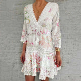 Dresses For Formal Occasions Womens Fashion V Neck Lace Jacquard Seven Quarter Sleeve Bohemian Floral Dress Sexy Beach Sundress