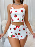 Summer Strawberry Print 2PCS Pajama Set Women's Casual Sleepwear Suspender Crop Tops and Shorts Comfortable Home Wear