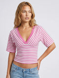 Womens Striped T-shirt Deep V Neck Short Elbow Sleeve Corset Tops 2026 Summer Casual Retro Stylish Shirts