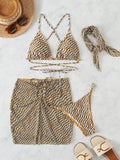 4 Pieces Lace Up Triangle Bikini Set Swimsuit With Bandana & Beach Skirt Sexy Swimwear Women 2026 Bathing Swimming Suit Female