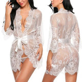 See Through Lace Babydoll Women Sexy Lingerie Erotic Transparent V-Neck Nightwear Robe G-string Robe Sleepwear Dress