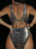 Golden Sparkling Deep V Neck Female Swimwear One Piece Swimsuit Women Backless Monokini High Leg Cut Bathing Suit Swim Beachwear