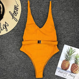 V Neck Ribbed High Leg Cut Women Swimwear One Piece Swimsuit Female Backless Monokini Bather Waist Belt Bathing Suit Swimwear