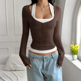 Women's Y2K Fake Two Piece Long Sleeve Cami Top, Fashion Slim Fit Sexy Streetwear T-Shirt