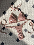 PU Faux Leather Halter Mini Thong Bikini Women Swimwear Female Swimsuit  Two-Pieces Bikini Set Bather Bathing Suit Swim V5206W