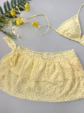Women Yellow Flower Bikini Sets Three Pieces with Ruffles Mini Skirt Halter String Swimsuit Bathing Suit Beach Outfits Biquini