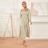 Women Spring Fall Long Dress Long Sleeve Dress Square Neck Embroidery Flower Loose Swing Dress Wit Pocket