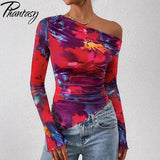 Women's Off-Shoulder Ruffled Sleeve Long-Sleeve Top with Asymmetrical Tie-Dye Mesh Asymmetrical Pleated Floral Print T-Shirt
