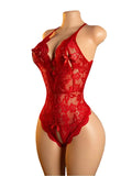 Transparent Sexy Crotchless Red Lingerie Women's Lace Hollow Bodysuit Bra Set Erotic Pajamas Deep V Open Bra Porn Underwear Set