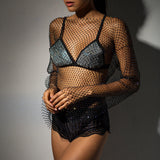 Women Rhinestone Fishnet T-shirt Solid Color Long Sleeve Crop Tops See Through Hollow Out Sexy Shirts Female Smock Tops