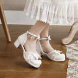 Women's White Pink Bowknot Single Sandals Ruffles High Heels Girls Student Mary Janes Lolita Party Dress Shoes Size 32-48 French