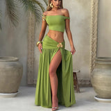 Summer Skirt Set Women Metal Flower Sexy Off Shoulder Slim Crop Top High Slit Skirt Sets Fashion Backless Pleated 2 Piece Suits