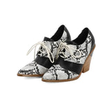 Snake Print Pumps Women Lace Up Brogue Shoes Pointed Toe Wedge Heels Deep Mouth Plus Size 40 41 42