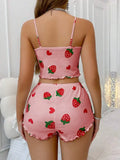 Summer Strawberry Print 2PCS Pajama Set Women's Casual Sleepwear Suspender Crop Tops and Shorts Comfortable Home Wear