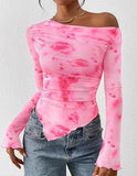 Women's Off-Shoulder Ruffled Sleeve Long-Sleeve Top with Asymmetrical Tie-Dye Mesh Asymmetrical Pleated Floral Print T-Shirt