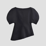 Women's Fashion Casual Short Sleeve Top Women Solid Black Boat Neck Puff Sleeve Hem Top Slim Fit Casual Blouse For Party 0PX4