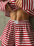 Summer Striped Pajama Sets for Women Sleepwear Long Sleeve Top and Shorts 2 Piece Set Casual Home Wear Loungewear