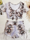 2026 Two Piece Swimsuit Swimwear Women Short Sleeve High Waist Bowknot Bathing Suit Beachwear Snakeskin Print Banadores Mujer