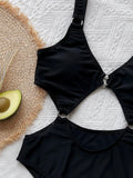 2026 New Sexy Black One Piece Swimsuit Swimwear Women Hollow High Waist Bathing Suit Beachwear Metal Hoops Decor Banadores Mujer